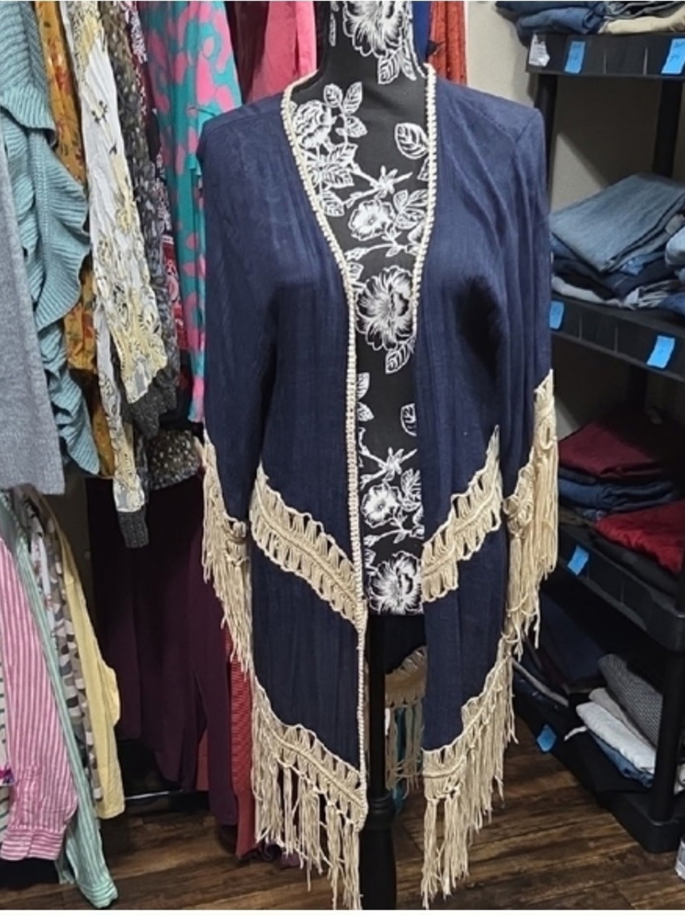 Source Unknown Navy Open-Front Fringe Cardigan with Cream Trim